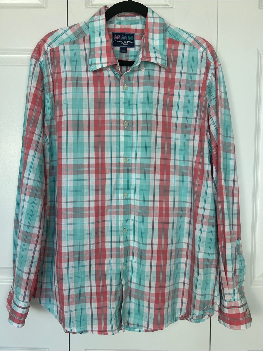Charleston Threads Plaid Button-Down Dress Shirt - Aqua & Coral Size Large